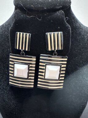 Black & Ivory Striped Drop Earrings With Geometric Design And White Accent Stone
